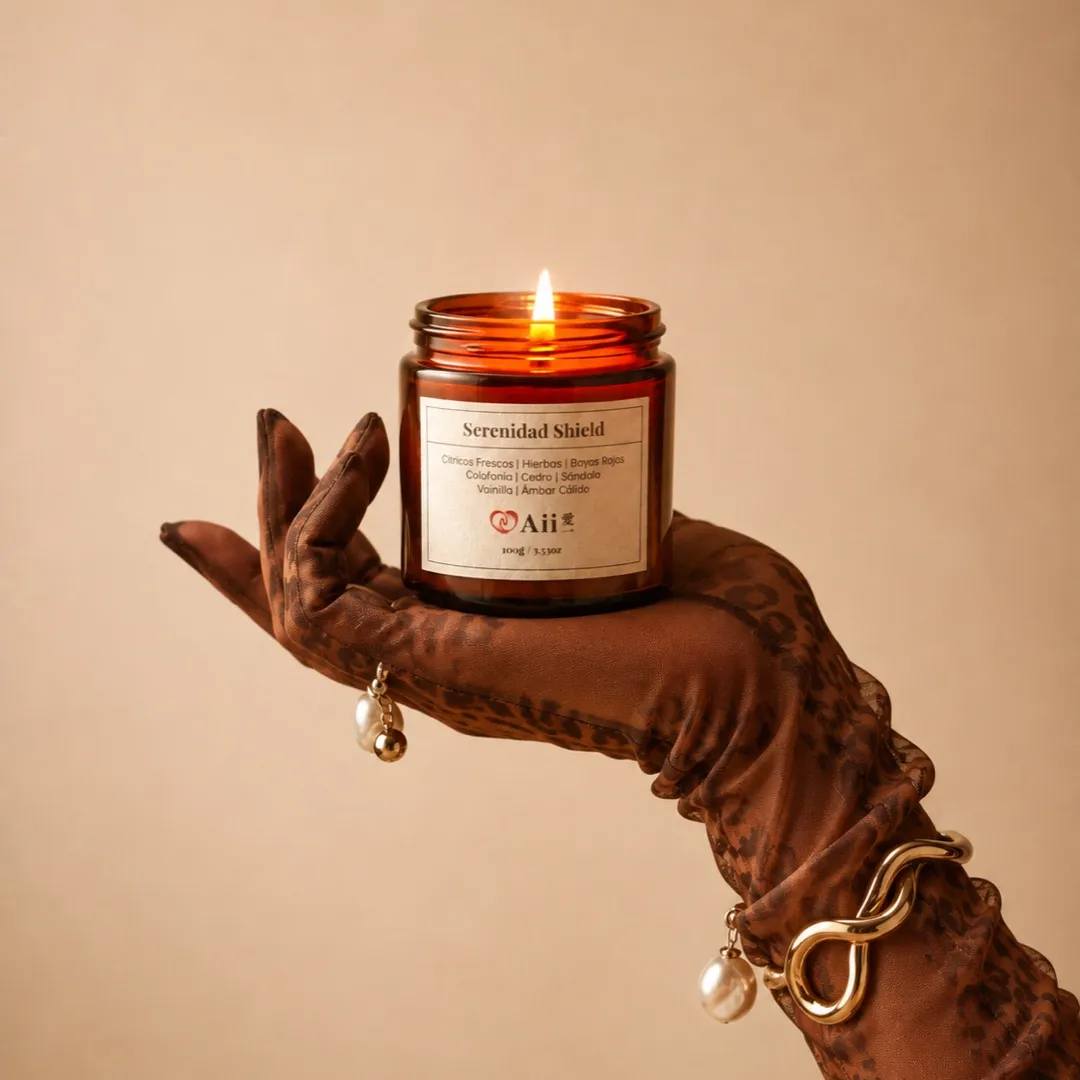 AI-generated candle balanced on patterned gloves with sculptural jewellery