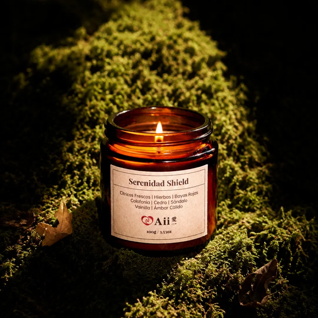 AI-generated Serenidad Shield candle staged in a moss landscape
