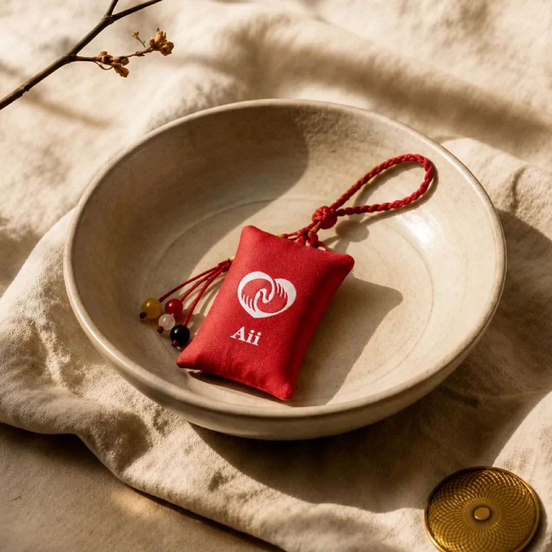 AI-generated red Aii sachet arranged in a sunlit ceramic bowl