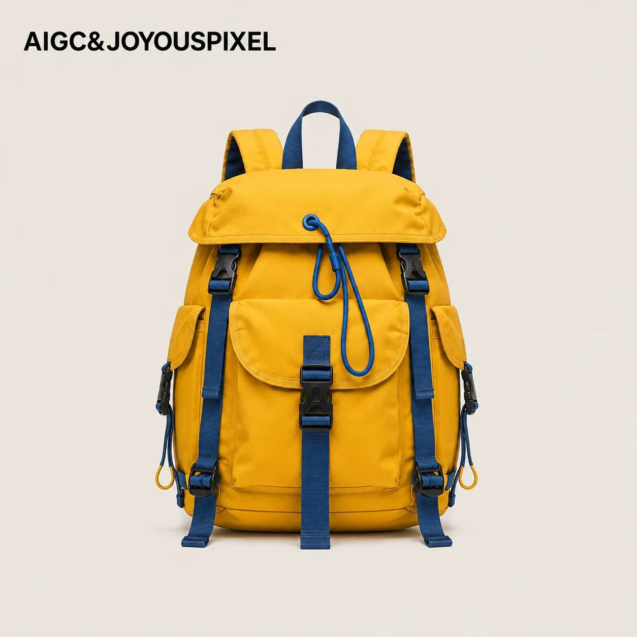 Front product reference for the yellow backpack labelled AIGC and JoyousPixel