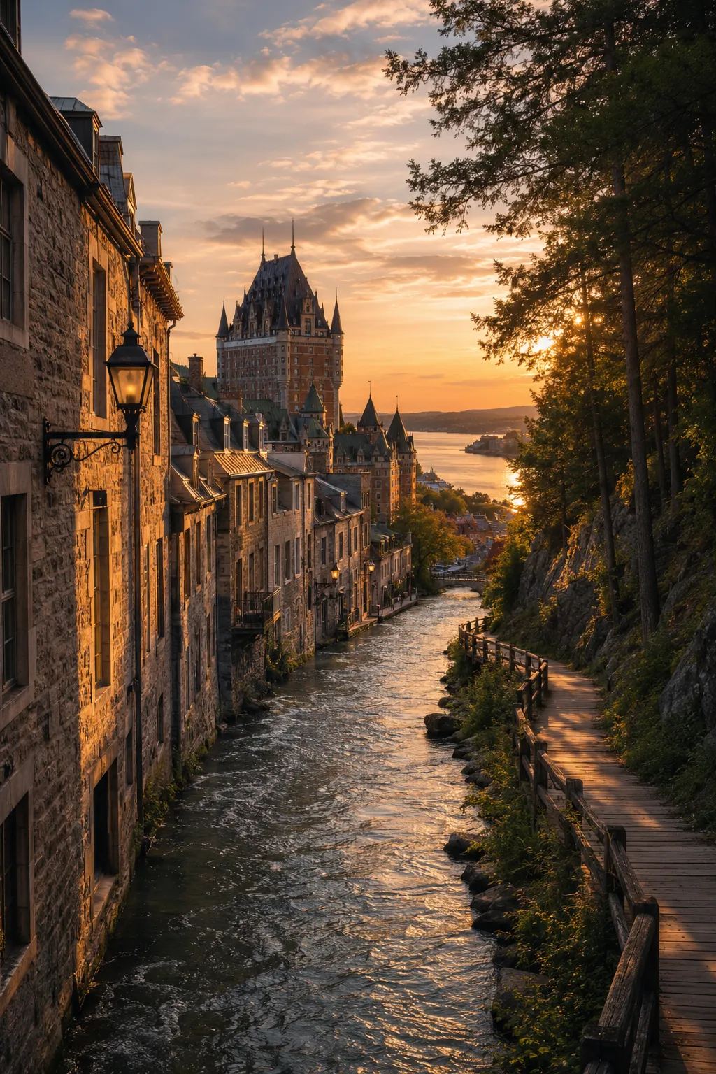 AI-generated imaginary mountain canal district at sunset