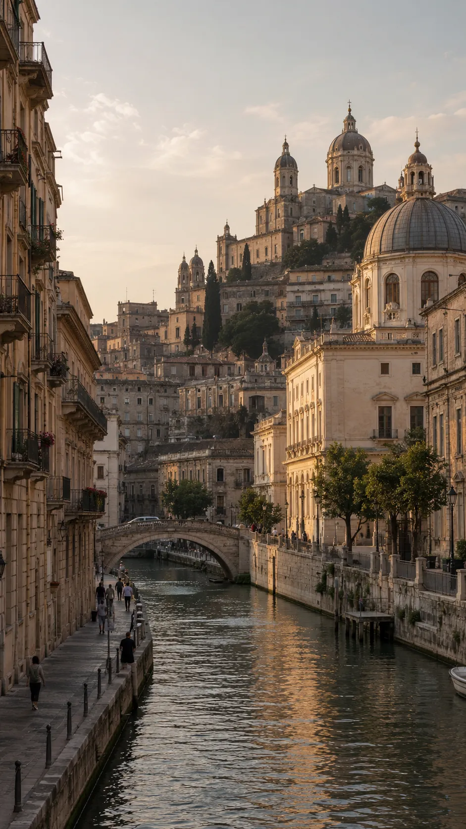 AI-generated imaginary historic canal city in warm evening light