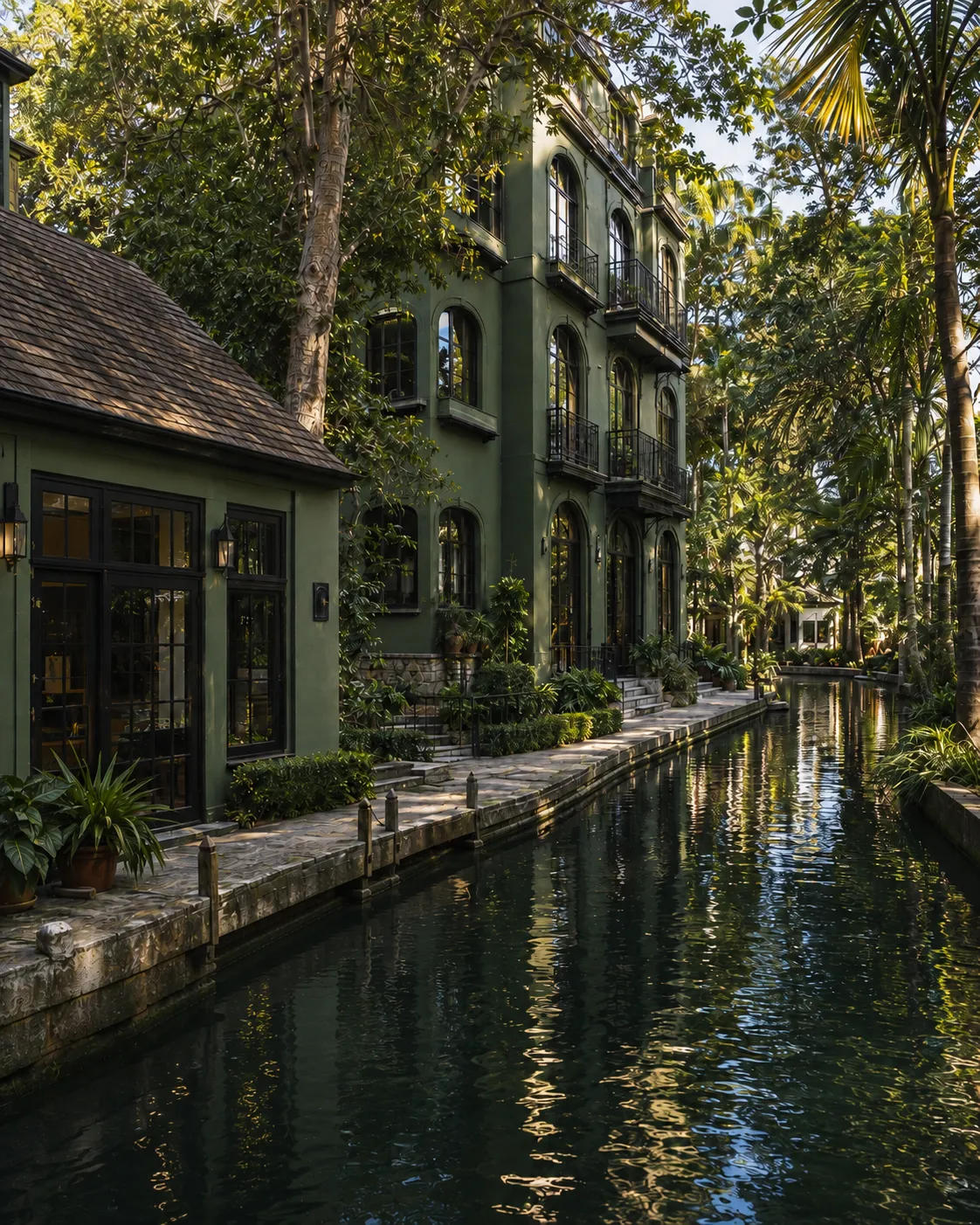 AI-generated imaginary tropical canal residence in filtered morning light