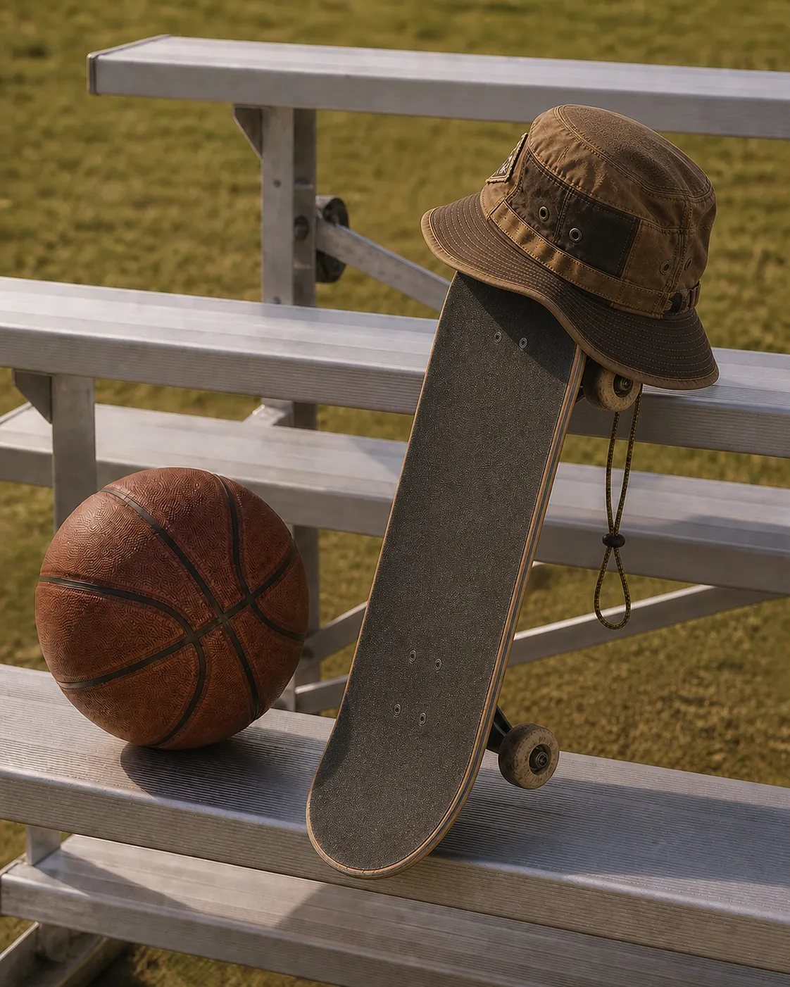 AI-generated still life with the hat, skateboard and basketball