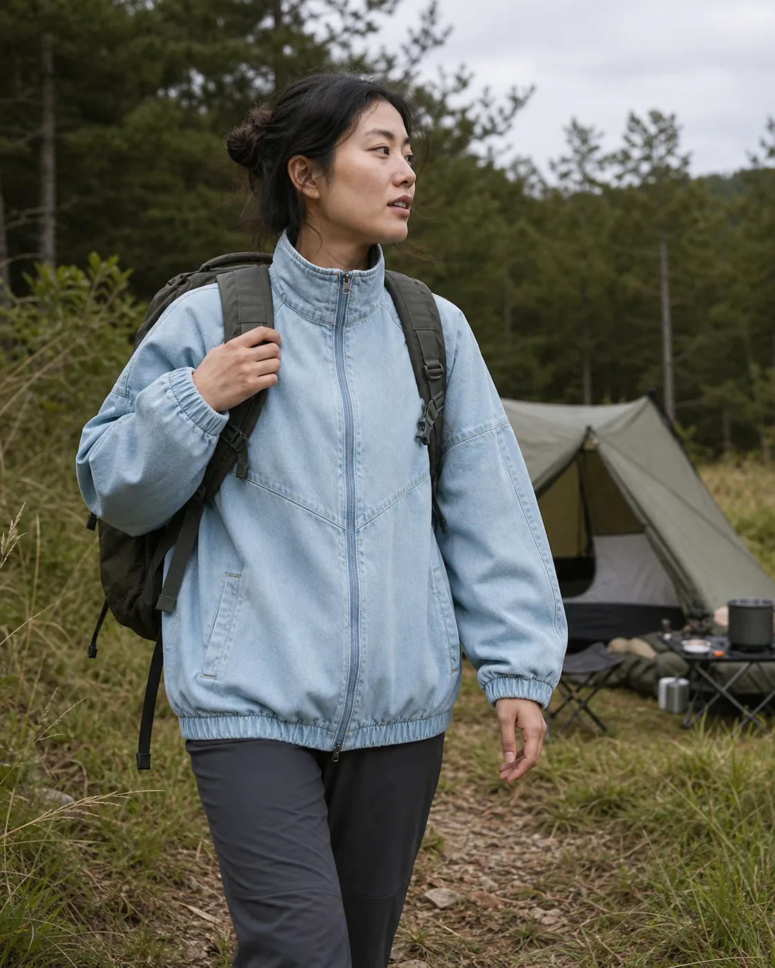 AI-generated campsite portrait featuring the pale technical shell