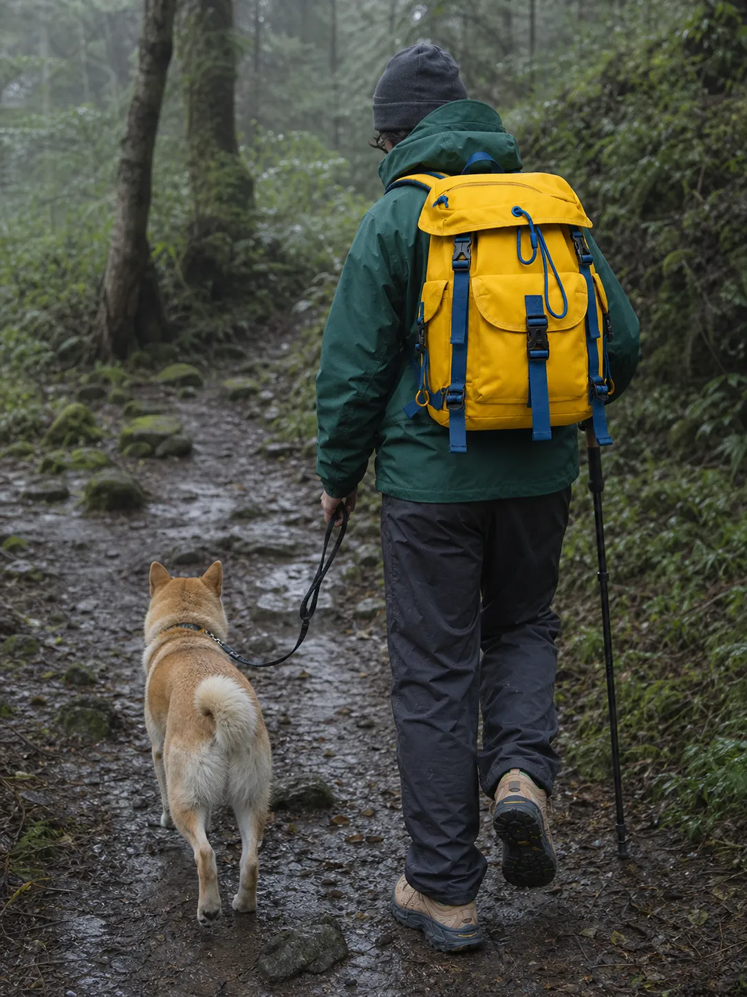 AI-generated hiker and dog carrying the yellow backpack