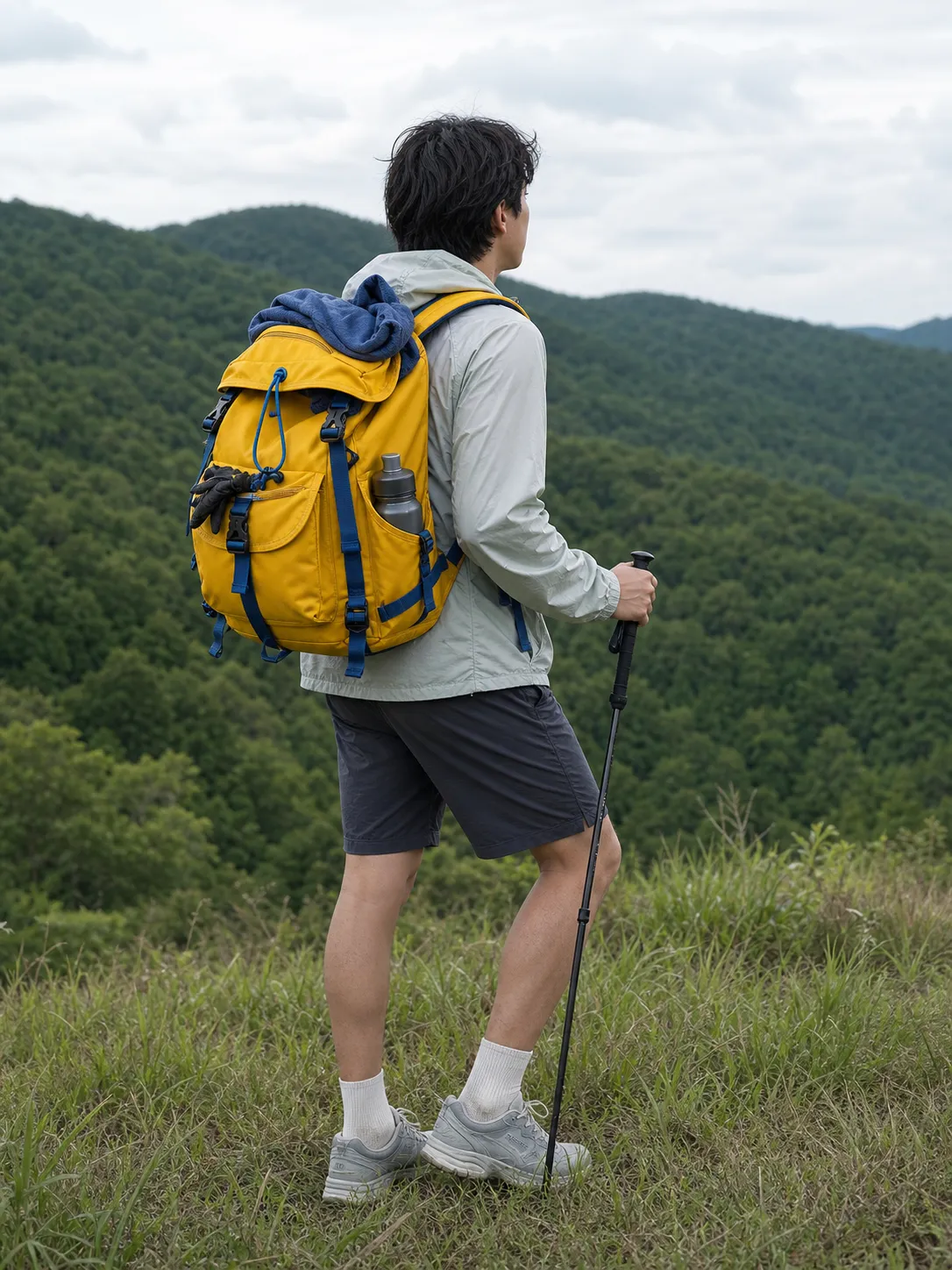 AI-generated overpacked yellow backpack garment study