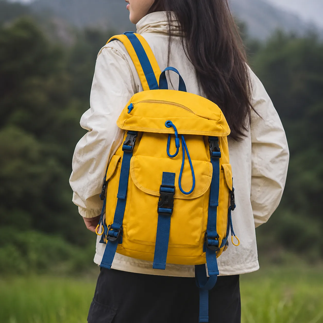 AI-generated worn editorial view of the yellow backpack