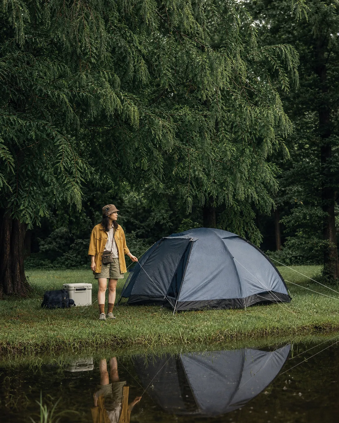 AI-generated campsite editorial featuring the patchwork hat