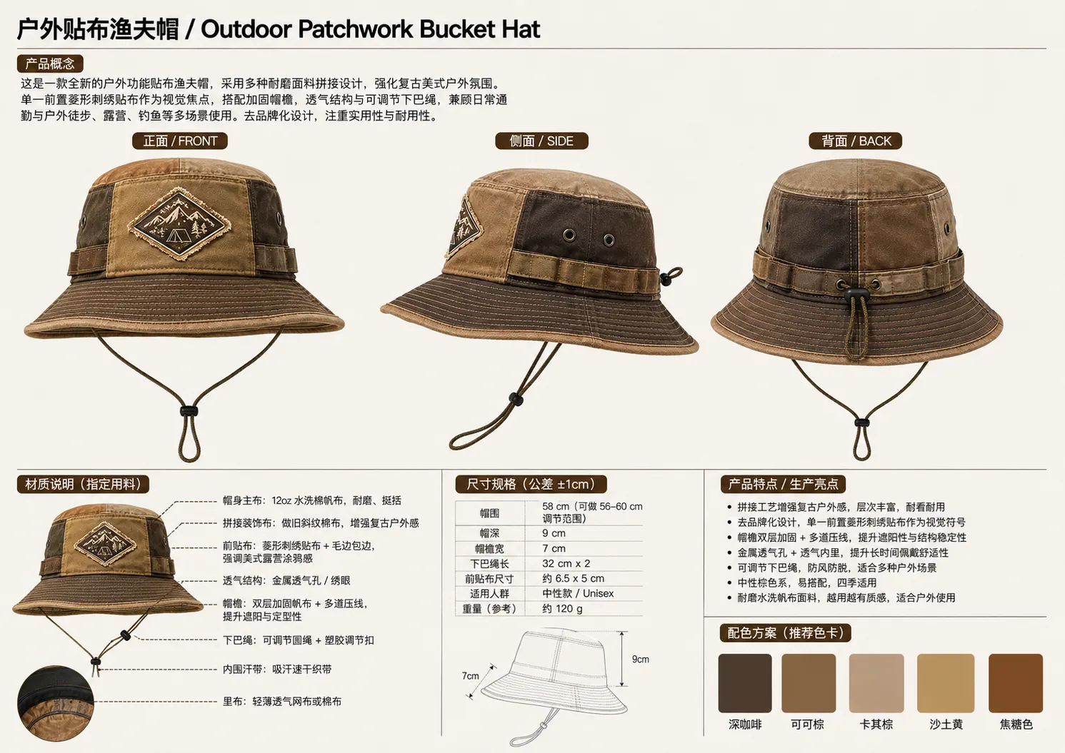 Front, side and back reference board for the fictional patchwork bucket hat