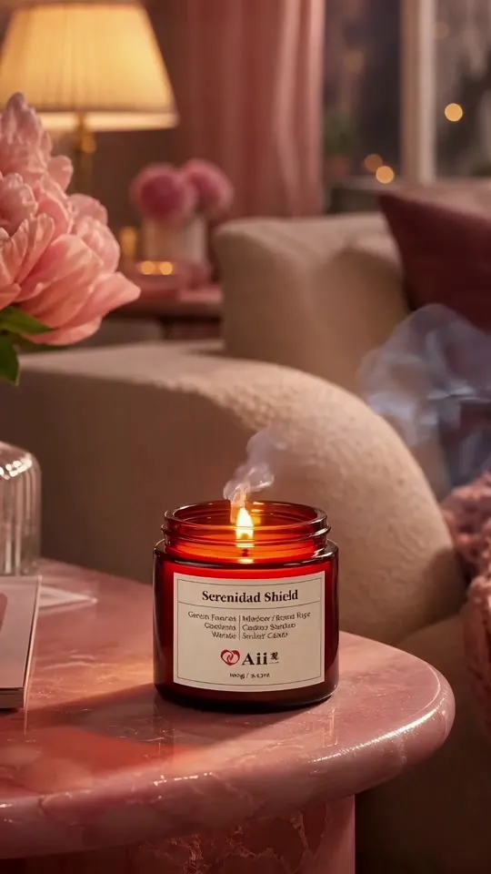 Serenidad Shield candle opening a dreamlike landscape from a warm interior