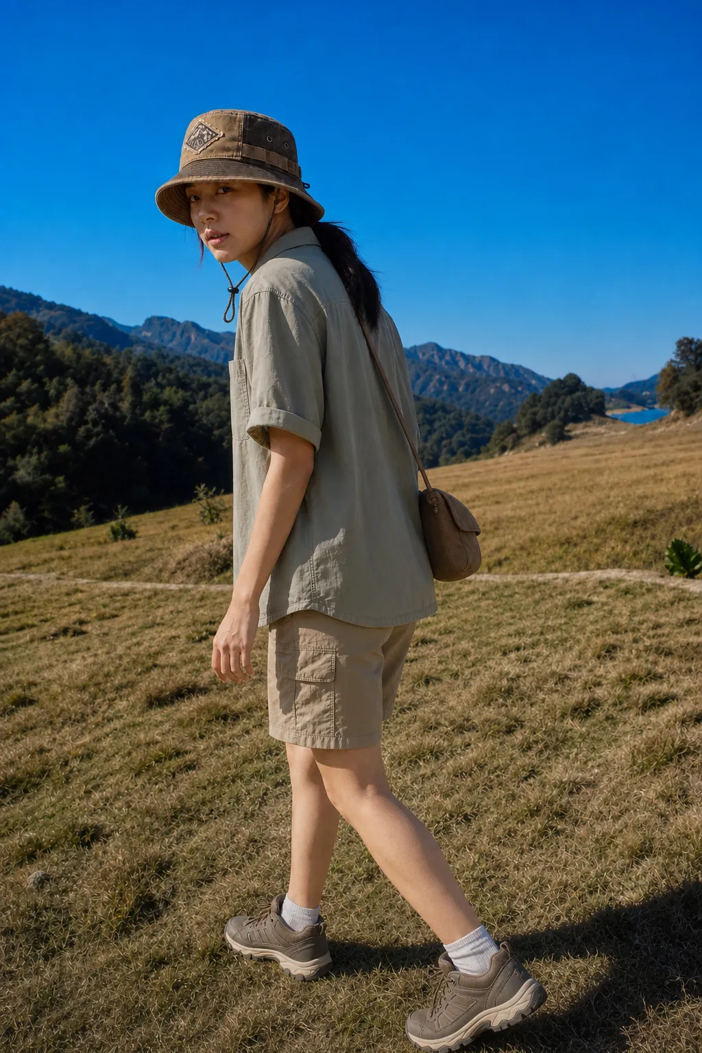 AI-generated sunlit styling study of the patchwork bucket hat