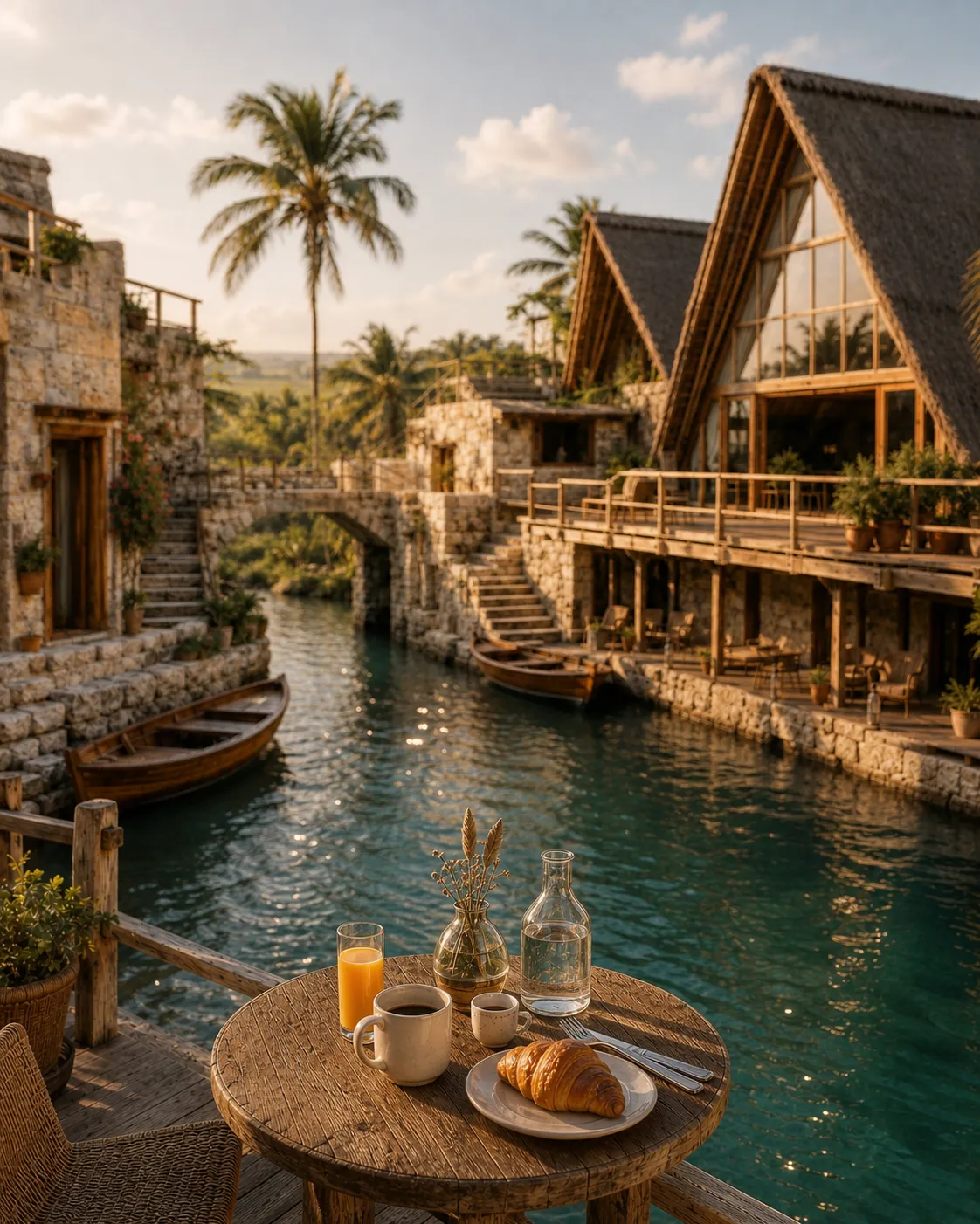 AI-generated imaginary tropical canal resort in morning light