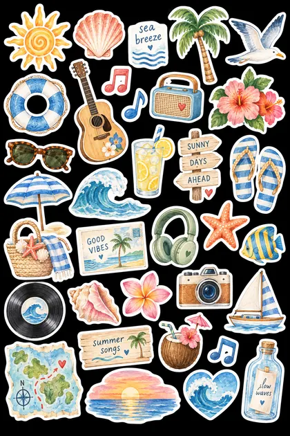 Palms, a surfboard, flip-flops, a guitar, cold drinks and postcards from the coast.