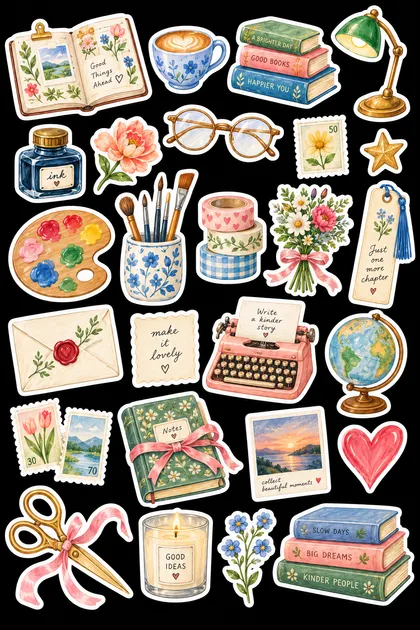 Typewriter, globe, paint palette, lamps, notebooks and stationery drawn as a single sticker sheet.