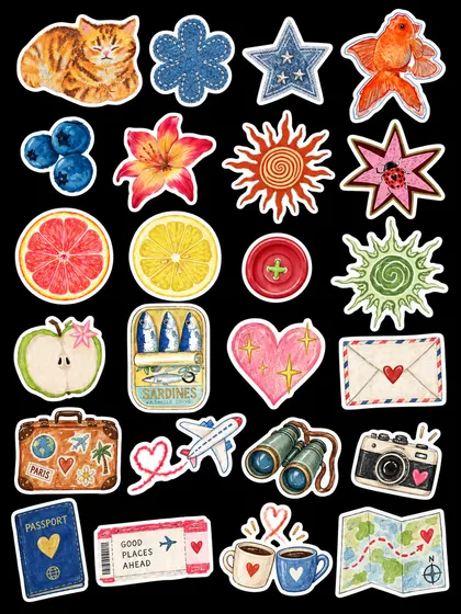 Citrus, apples, blossoms, stars and a cat, drawn as a bright fruit-stand set.