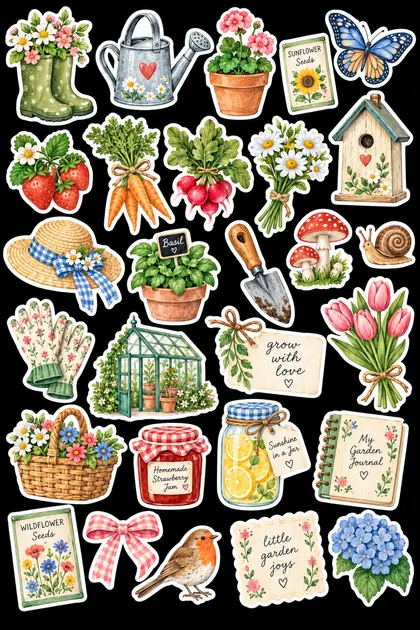 Watering cans, boots, seed packets, vegetables and a small glasshouse.