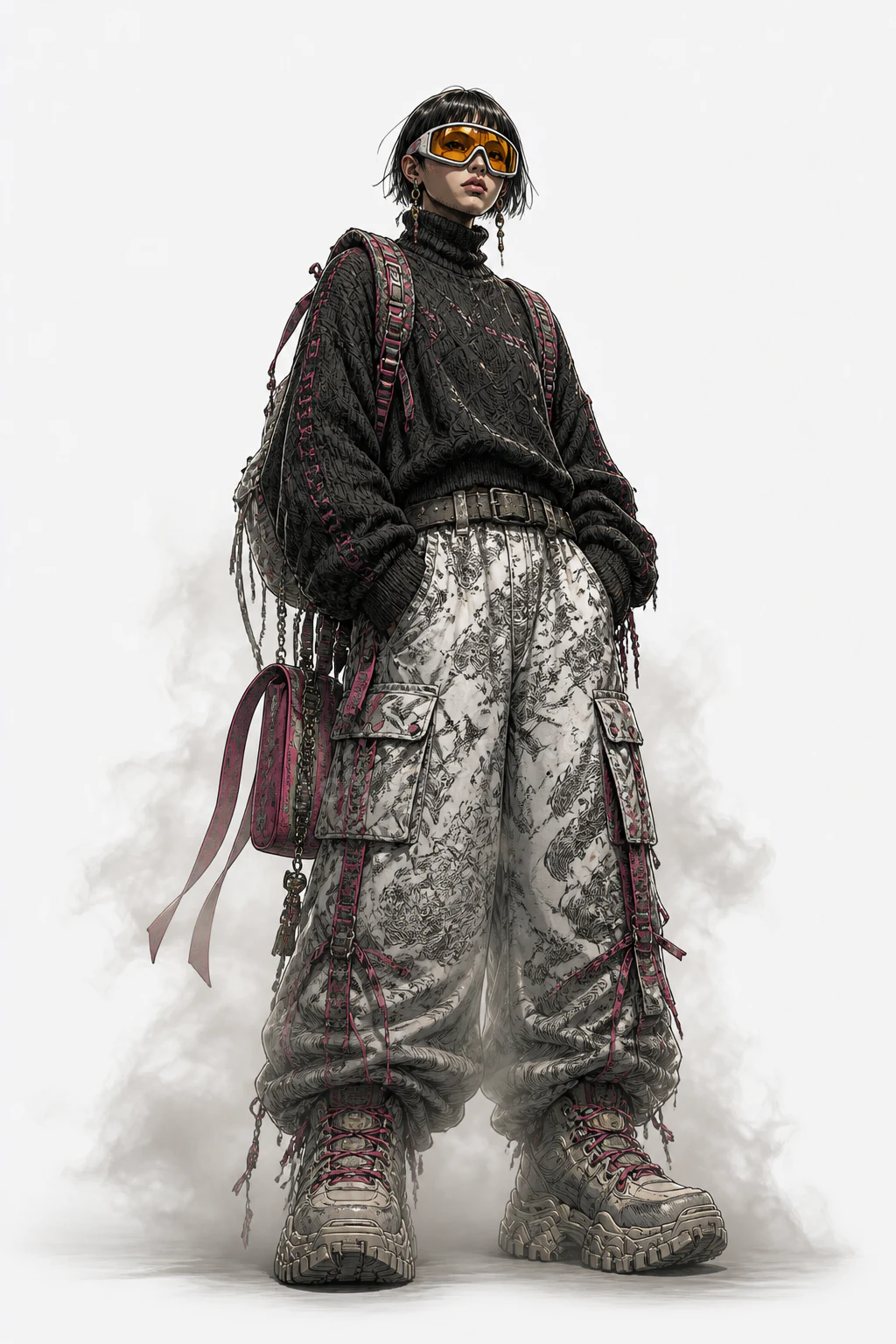 Full-length character study in layered technical clothing and goggles on white