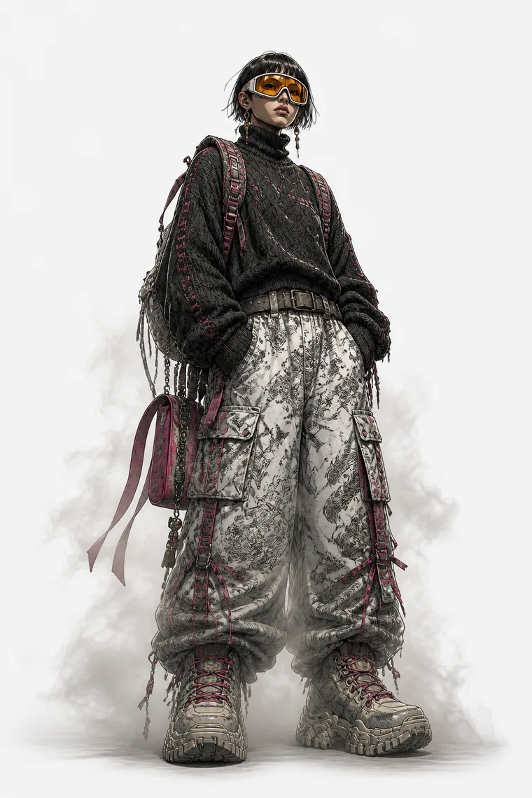 Full-length character study in layered technical clothing and goggles on white