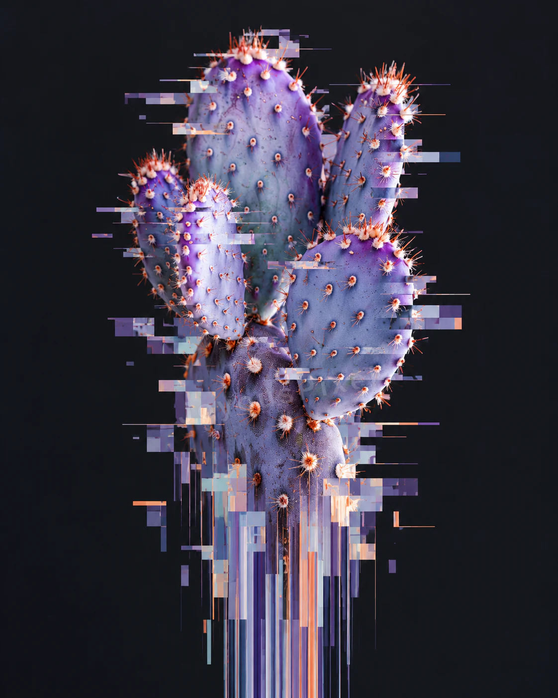 开花的仙人掌在黑底上碎解为竖向扫描线故障