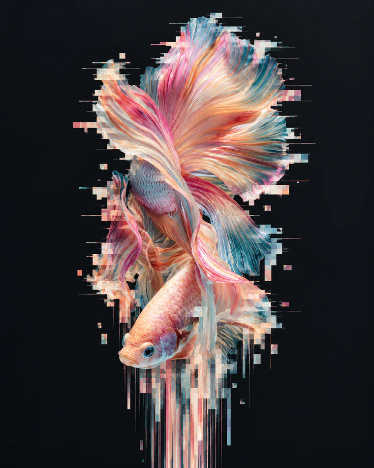 A betta fish with trailing fins breaking apart into scanline glitch on black