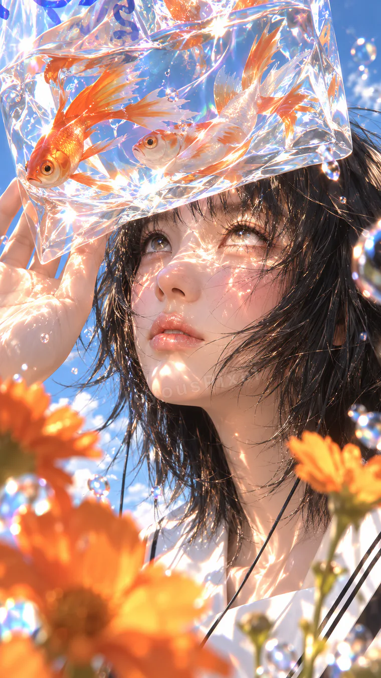Illustrated portrait under a foil hood surrounded by orange gerbera daisies
