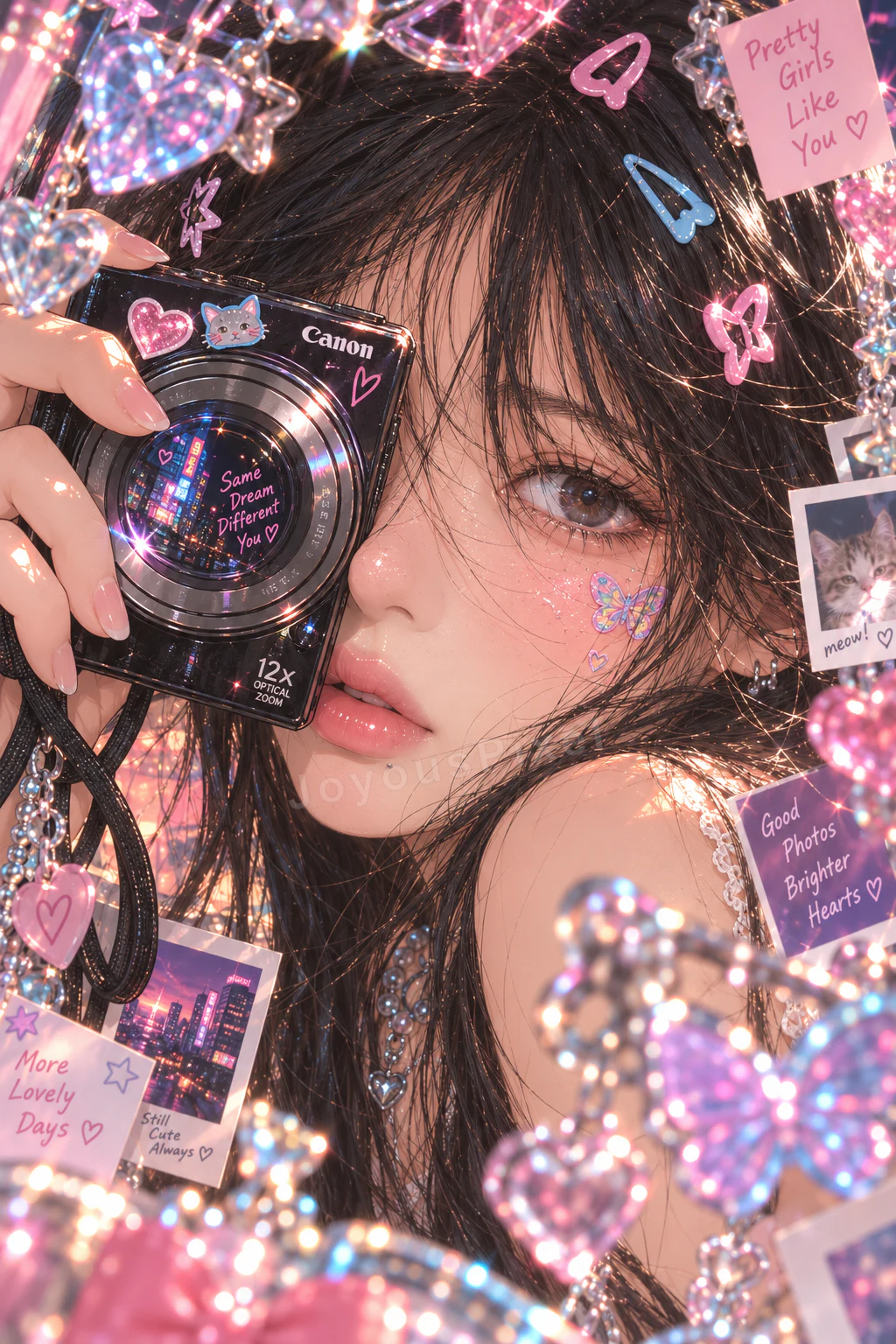 Illustrated portrait holding a camera among stickers, pearls and photo prints