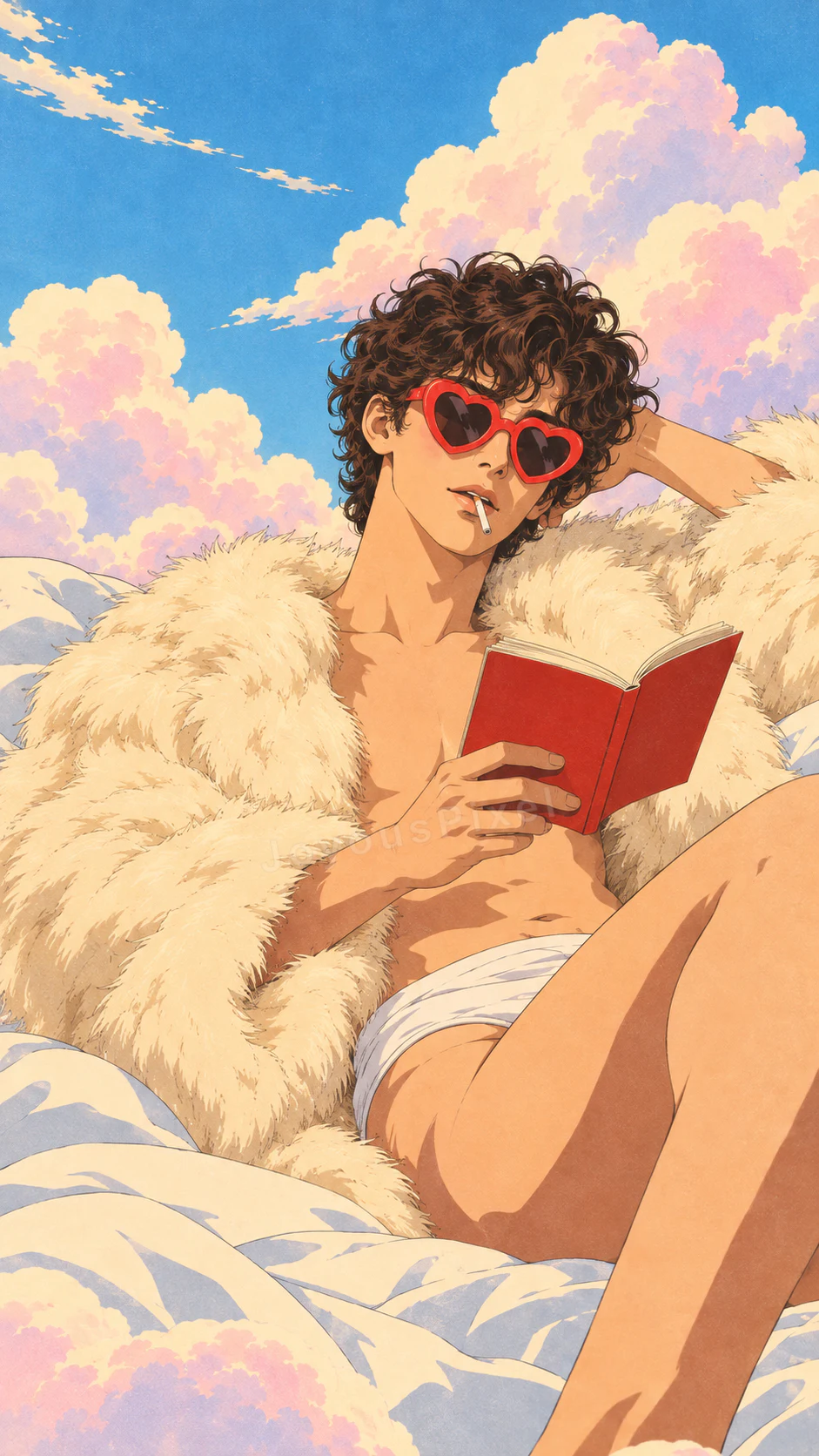 插画人物身着毛领外套，在云层上阅读红色书本