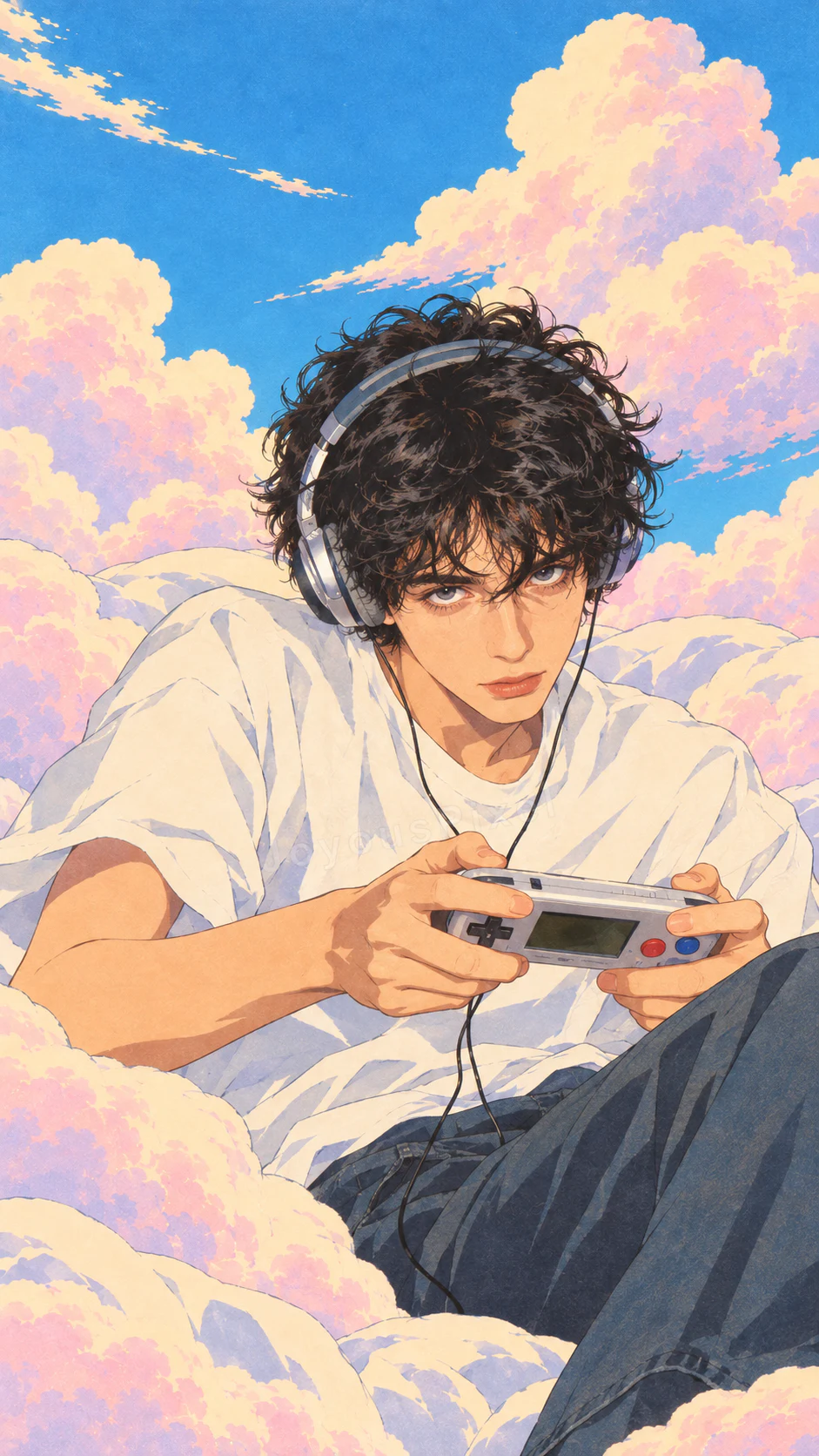 Illustrated figure with headphones playing a handheld console among clouds