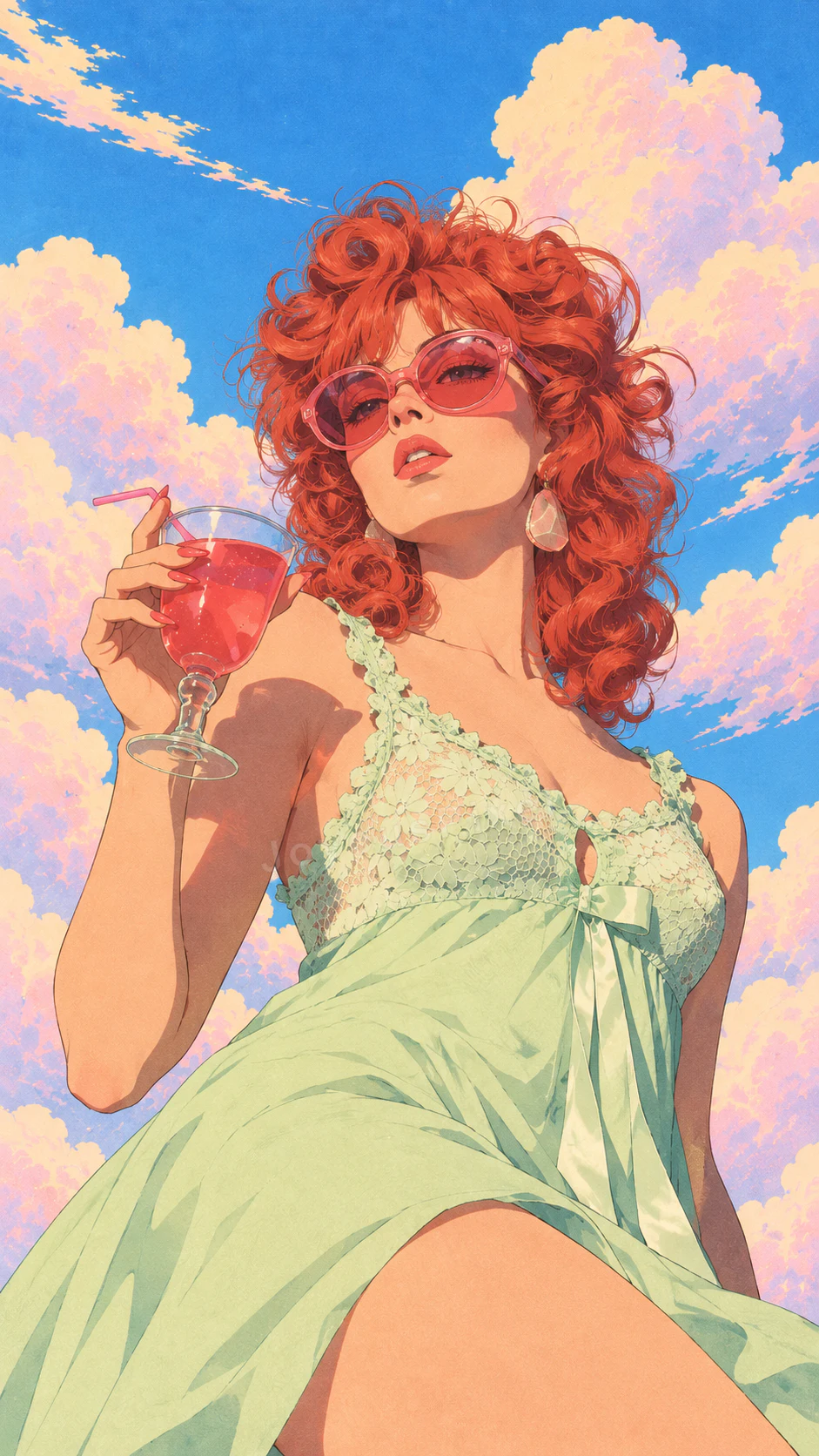Illustrated figure with red curls holding a cold drink against a cloud sky