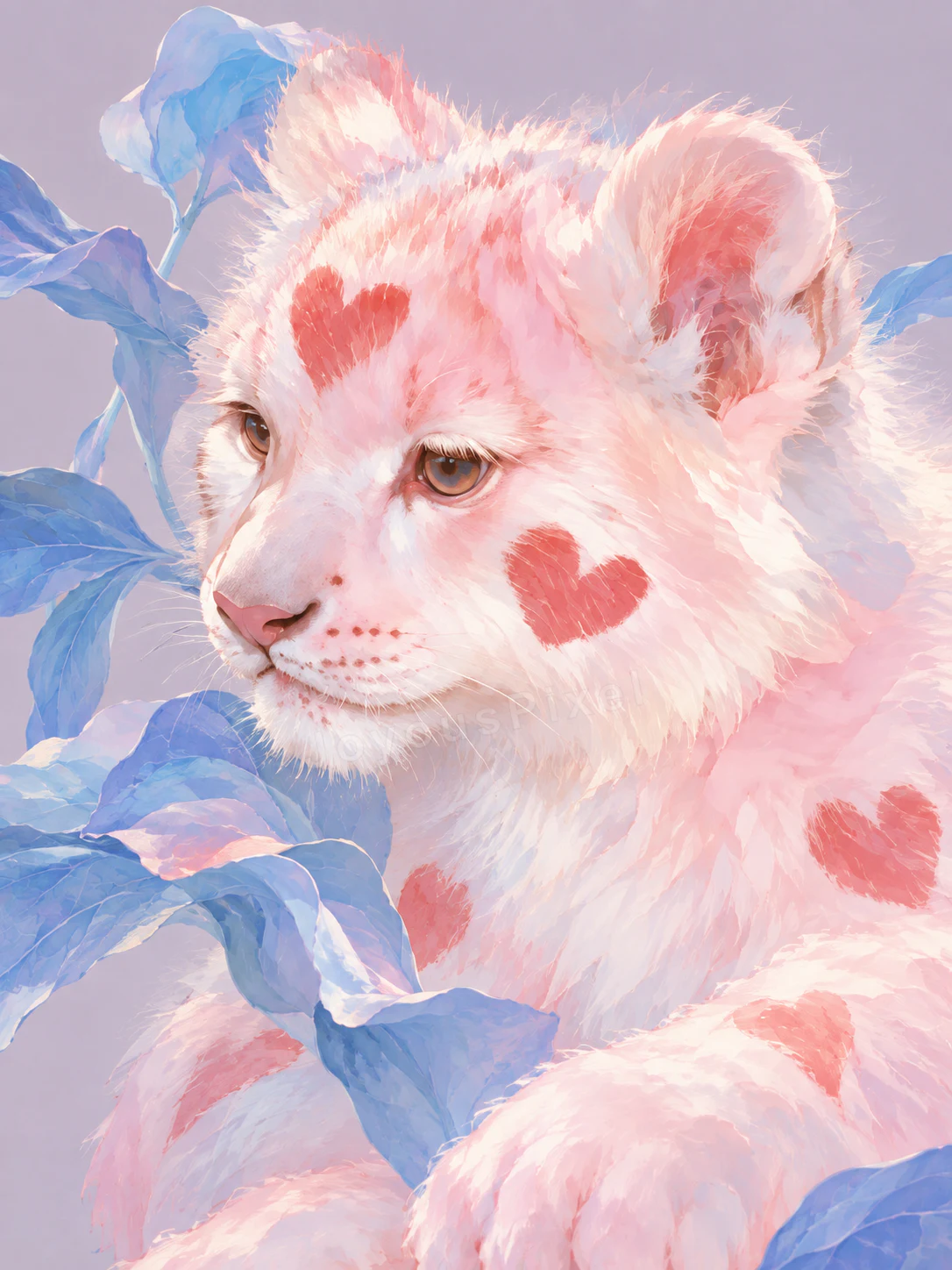 Illustrated white lion cub marked with soft pink hearts