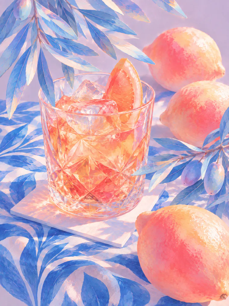 Illustrated glass of iced drink surrounded by peaches and leaves