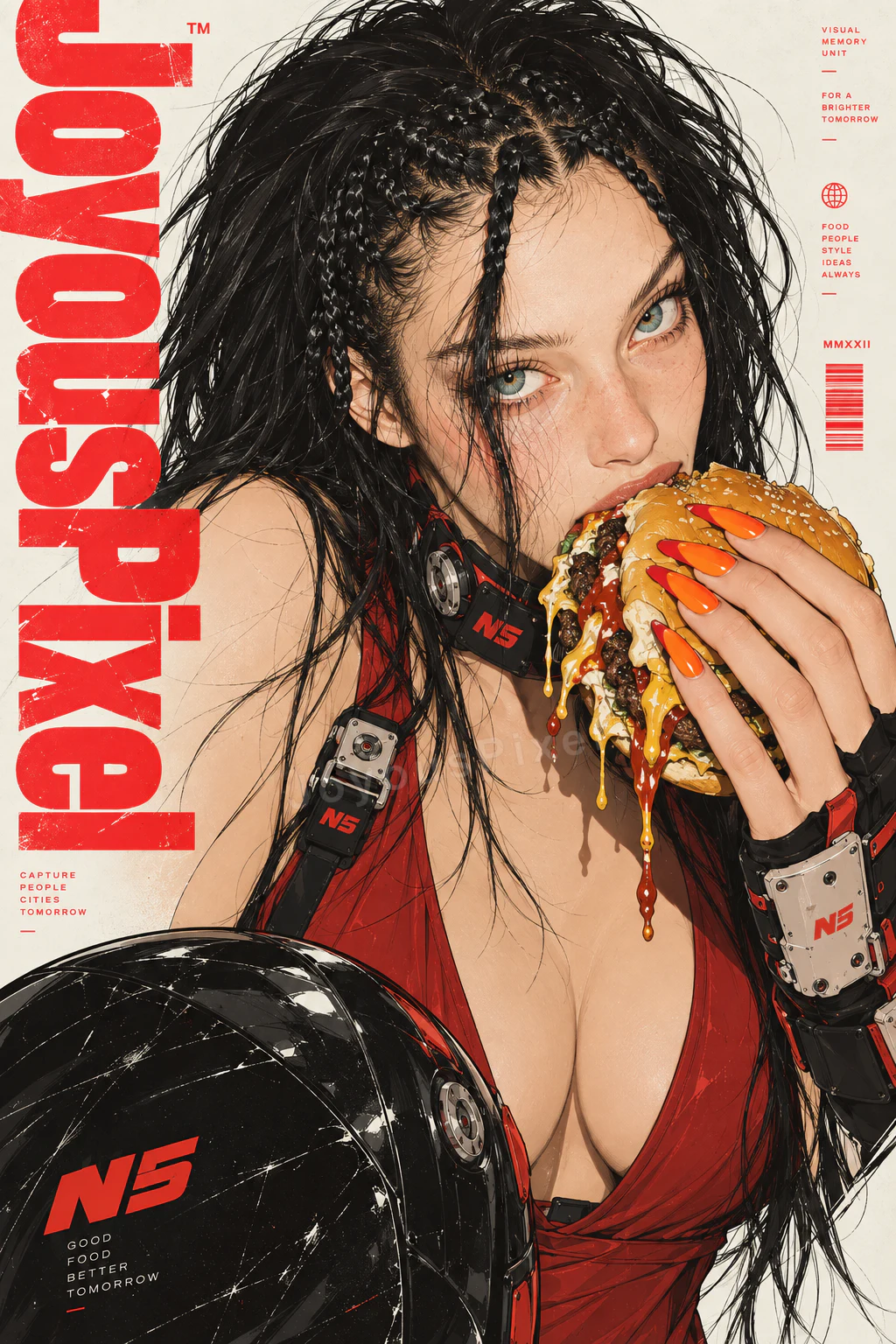 Poster cover with a figure in a red top eating a burger beside a helmet