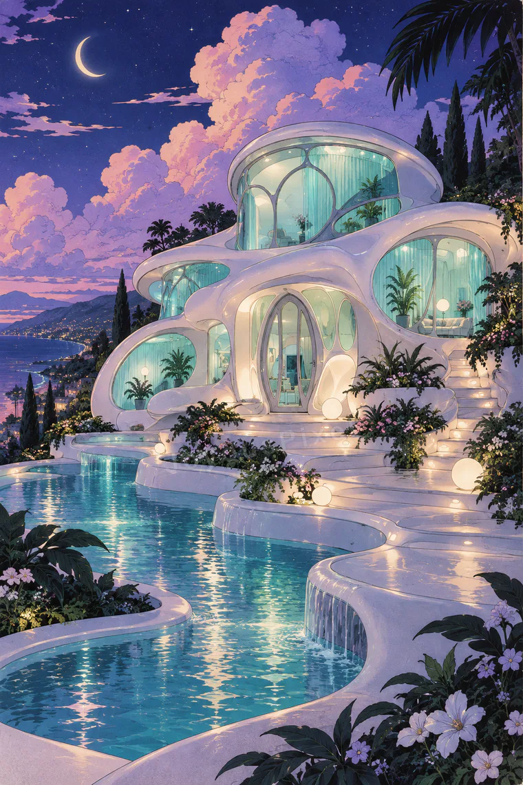 An illustrated moonlit villa and pool framed by palms
